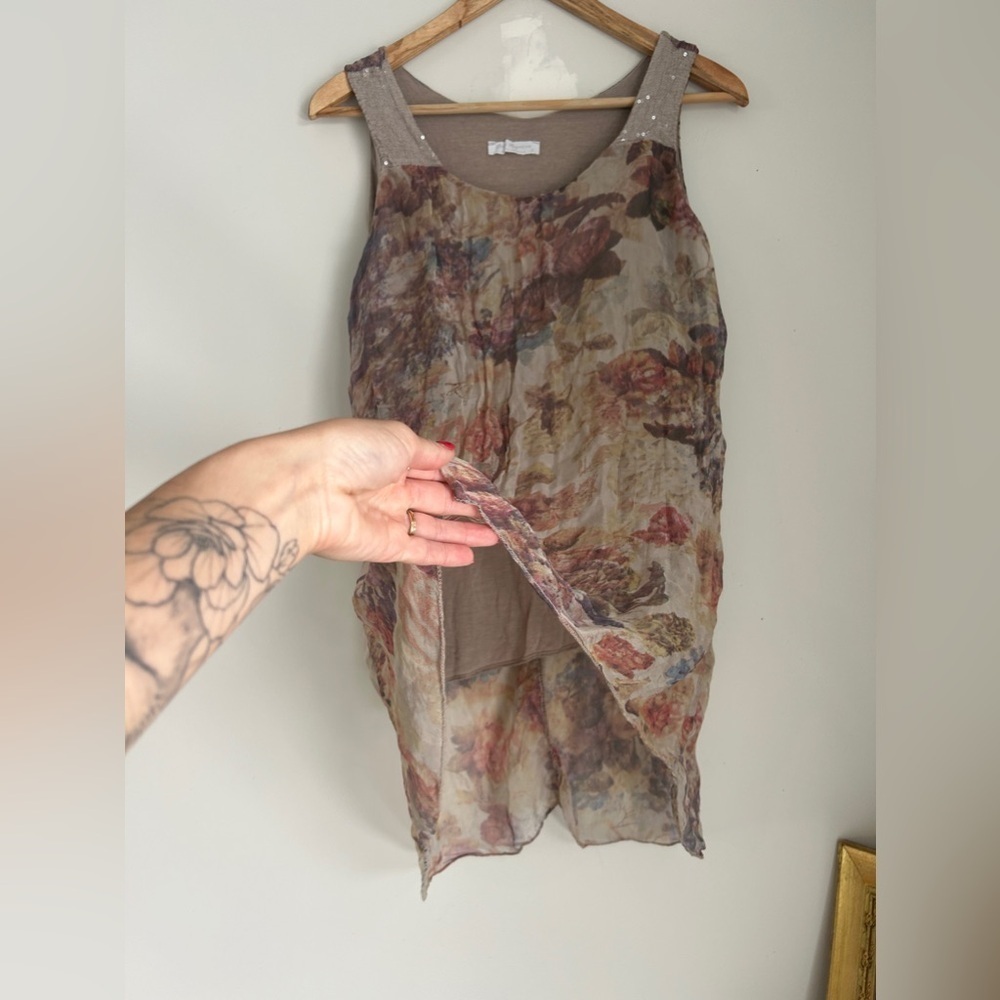 Silk Dolce Ragazza Italy Womens Size S sheer Floral Silk/Lined Tank W/Sequins - Picture 3 of 9